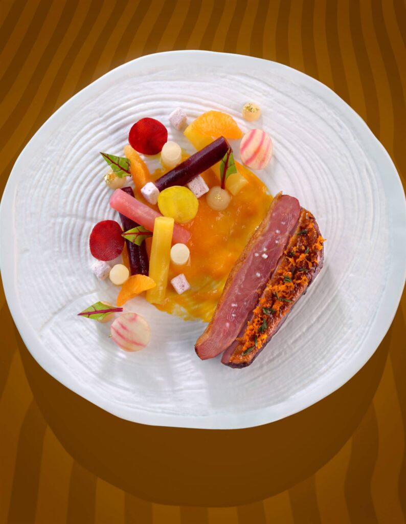 Suprême de canette des Dombes, betteraves colorées et marmelade de clémentines